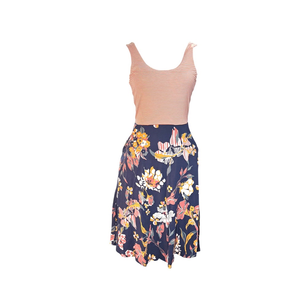 Pact Organic Cotton Floral Striped Tie‎ Back Fit Flare Dress XS Navy Terracotta